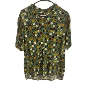 Earthbound Trading Co Green Retro Floral Button Up Camp Shirt Womens Large 70s